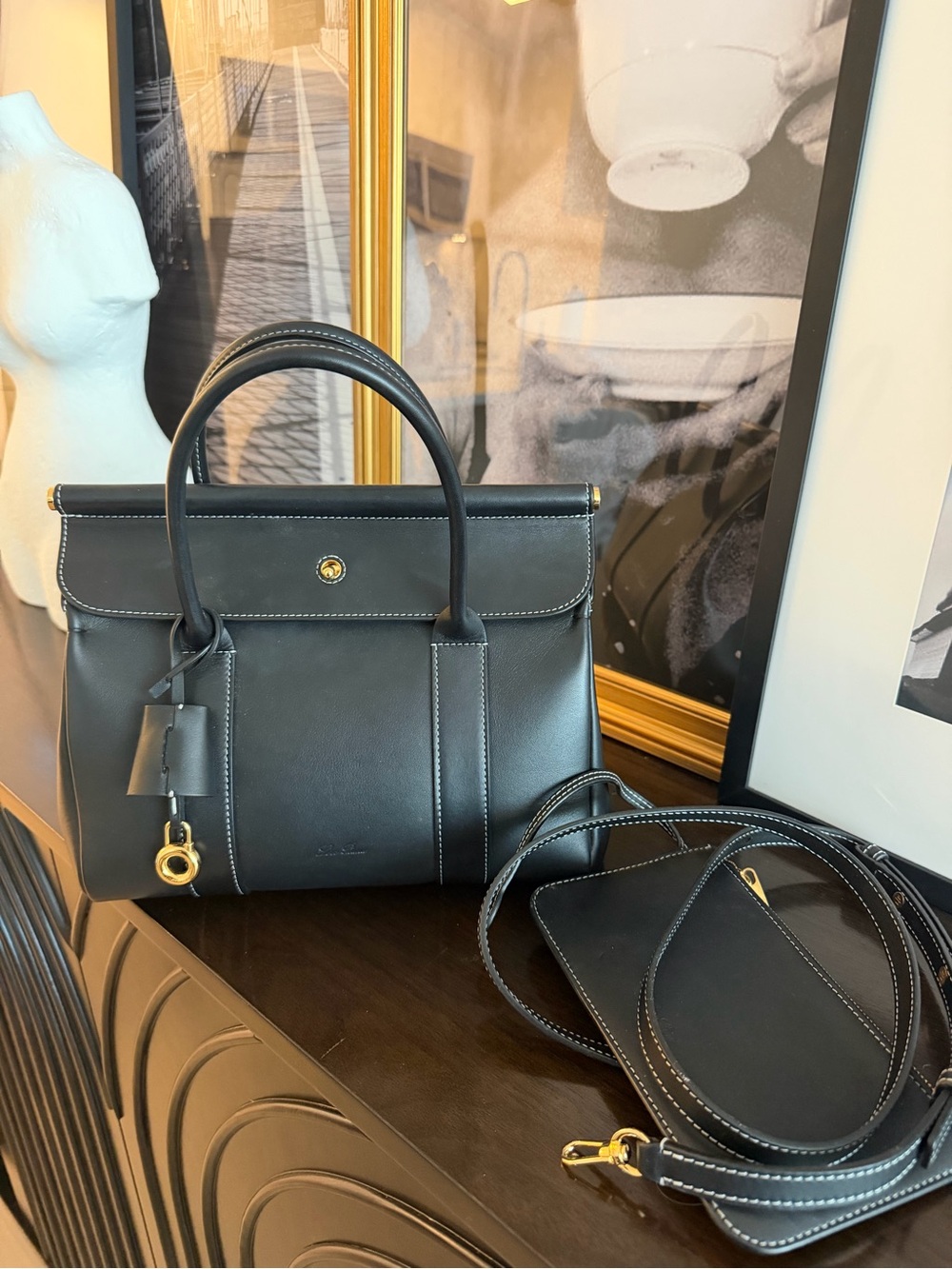 Black Leather Top-Handle Women’s Bag with Gold Hardware